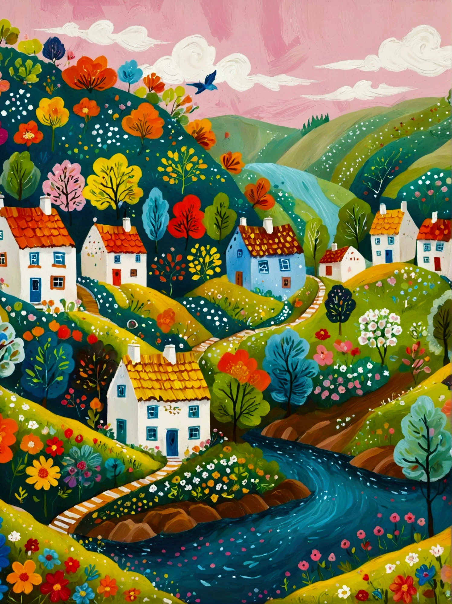 a painting of a village with a river and houses on a hill, a storybook illustration by Bohumil Kubista, featured on behance, naive art, colorful illustration, cottage town, colorfull illustration, colorful kids book illustration, editorial illustration colorful, countryside city scene, landscape illustration, vibrant gouache painting scenery, village in the woods