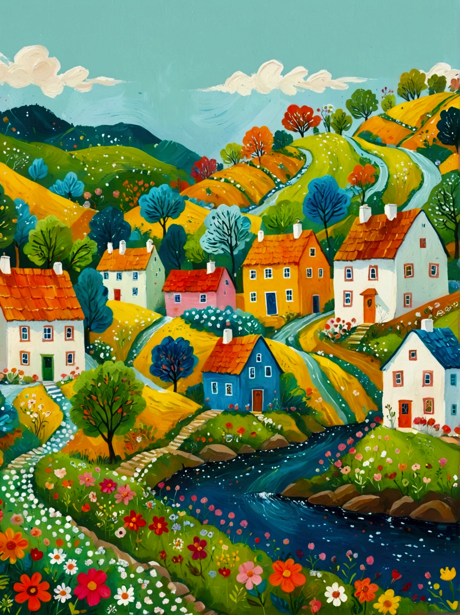 a painting of a village with a river and houses on a hill, a storybook illustration by Bohumil Kubista, featured on behance, naive art, colorful illustration, cottage town, colorfull illustration, colorful kids book illustration, editorial illustration colorful, countryside city scene, landscape illustration, vibrant gouache painting scenery, village in the woods