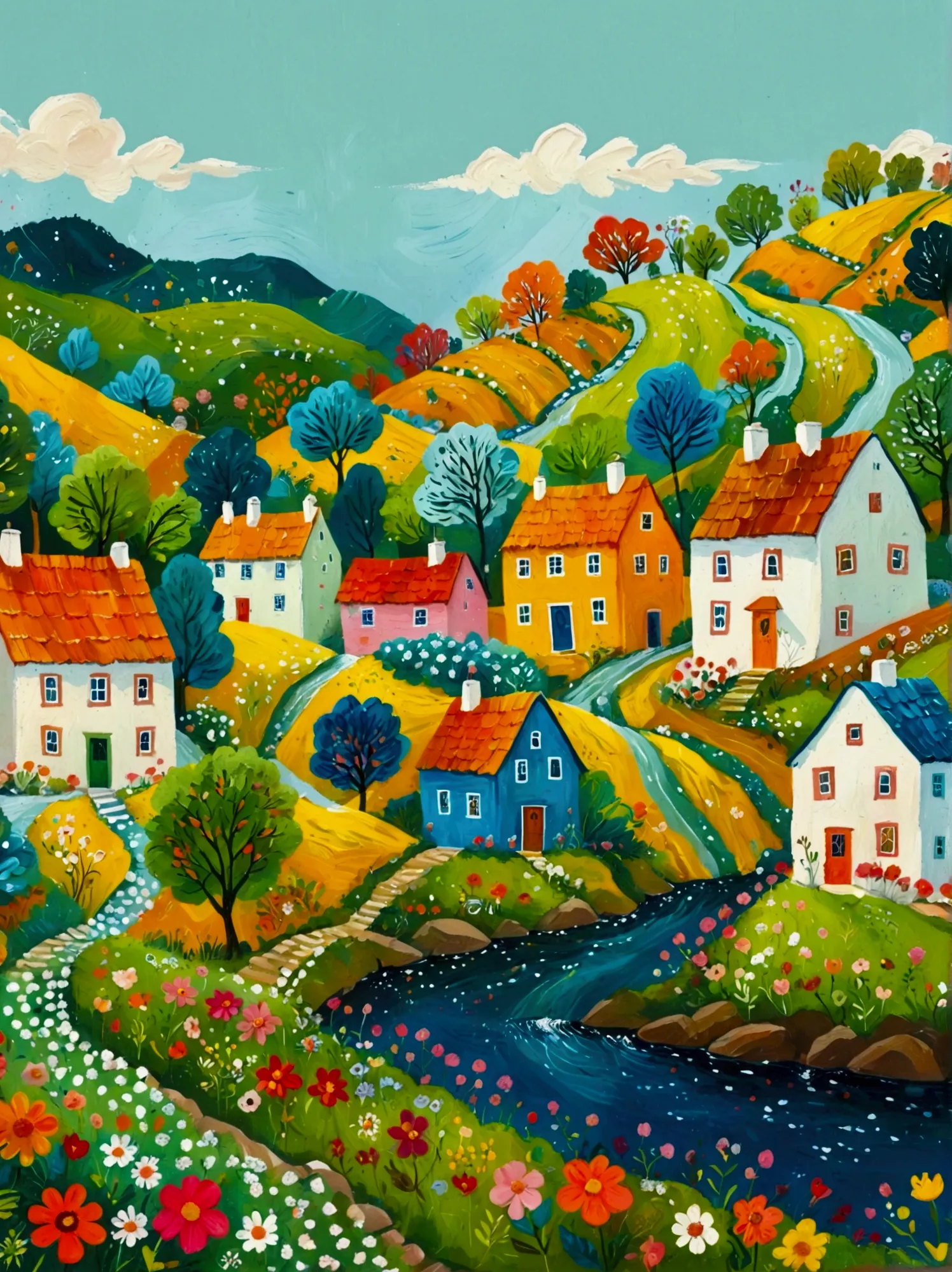 a painting of a village with a river and houses on a hill, a storybook illustration by bohumil kubista, featured on behance, nai...