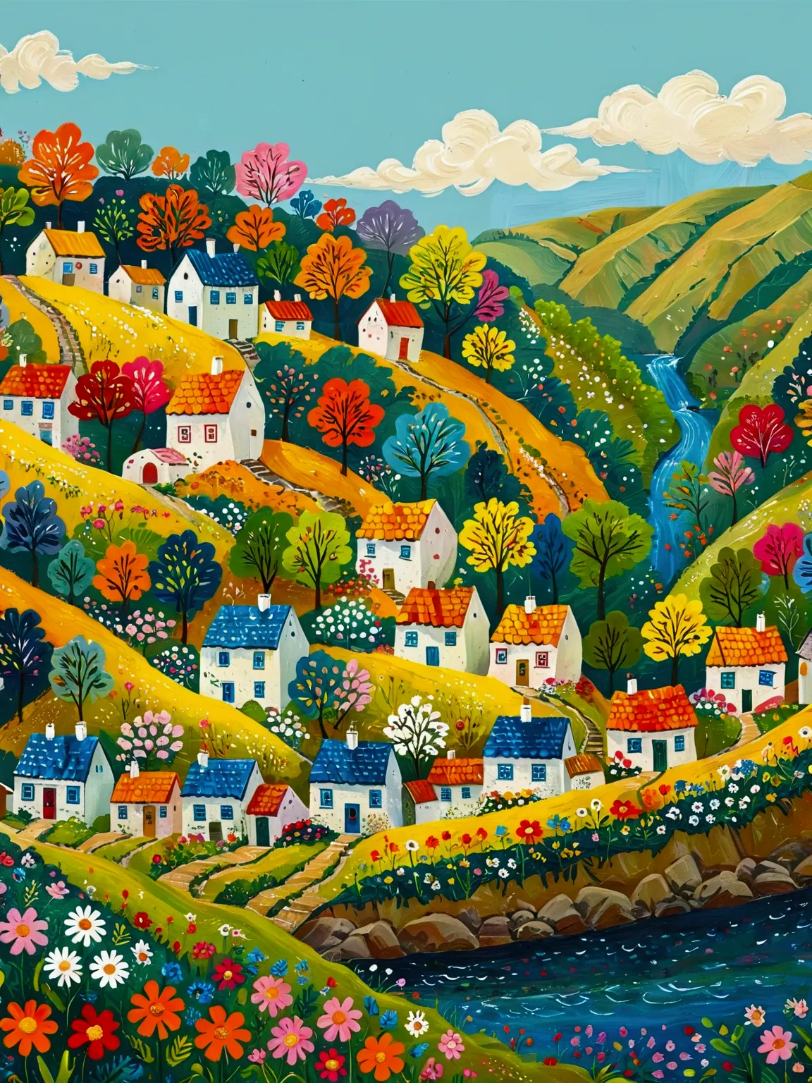 a painting of a village with a river and houses on a hill, a storybook illustration by bohumil kubista, featured on behance, nai...