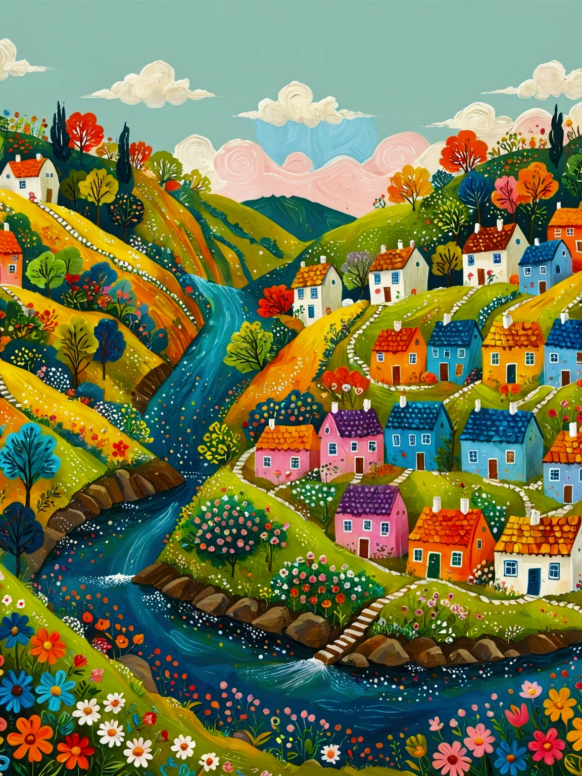 a painting of a village with a river and houses on a hill, a storybook illustration by Bohumil Kubista, featured on behance, naive art, colorful illustration, cottage town, colorfull illustration, colorful kids book illustration, editorial illustration colorful, countryside city scene, landscape illustration, vibrant gouache painting scenery, village in the woods