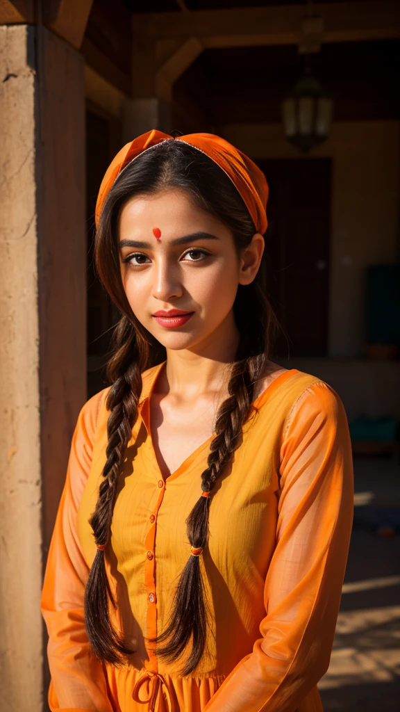 A young syrian beautiful girl, 1,  Beautiful woman, strikingly beautiful, delicate facial features, expressive eyes, 1 student, beautiful pink kurti dress, covering her body with transparent chunari, (orange bindi on head), during daytime, yamamura, calm and cool, Detailed body, ((white skin)), Detailed face, ((orange eye)), ((pink lips)), shiney body, Gorgeous, A hyper-realistic, Charming, beautiful, Long braided hair, Ambient lighting, Foggy, Winters, Detailed background, Volumetric lighting, Shadow, 8K