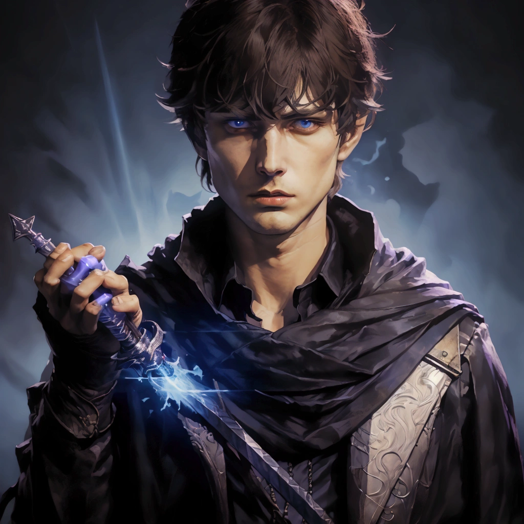 Guy with short brown hair, Blue eyes, black shirt,light silver jacket, purple scarf,holds a blue glowing knife, character Guson from mobile game mobile legends: Bang bang, реализмGrotesque style,dark fantasy style 1970, professional photo, Grotesque style , background dark palace inside