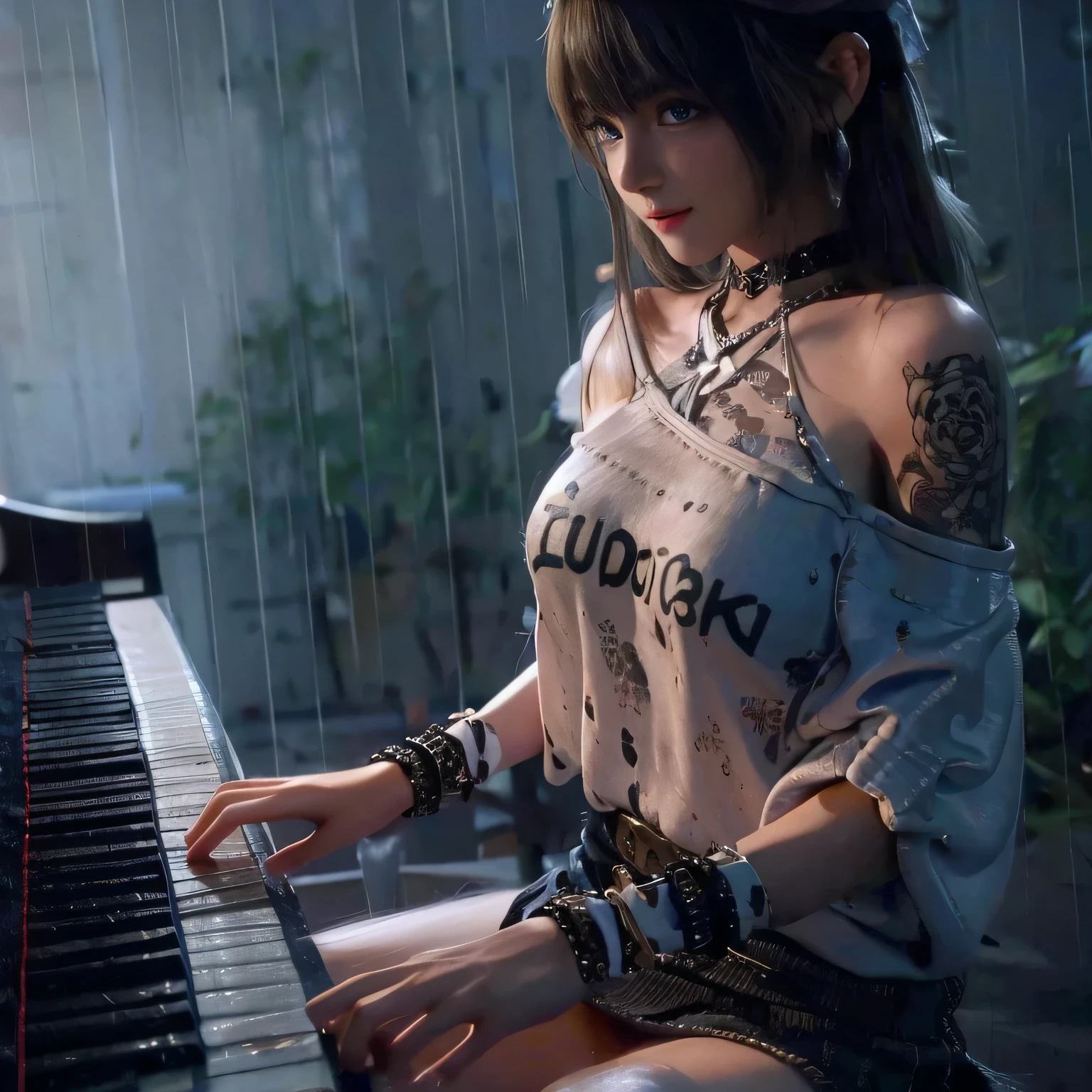 Tattoo, Playing drum, Marie rose, 12yo, adorable girl, child face, Marie rose, Blonde hair, Double buns, (((Oversized Knit dress))), Selfie, standing, perfect body, Looking at viewer, Garden, (high saturation:1.0),  (extremely detailed skin), (best quality:1.0), (ultra highres:1.0) ,(photo realistic:1.0), (ultra detailed:1.0), (8k, RAW photo:1.1),(see-through:1), (smile, looking at viewer:1), ((Natural huge tits)), Blonde hair, Double buns, Masterpiece, 