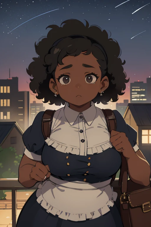 Chubby,woman,Night City,Short Hair,defenseless,From above,adult,aldult,Age 35,Maid uniform,Mature Woman,Dark Skin,Dreadlocks,Afro Hair,Worried face,Looking at the sky