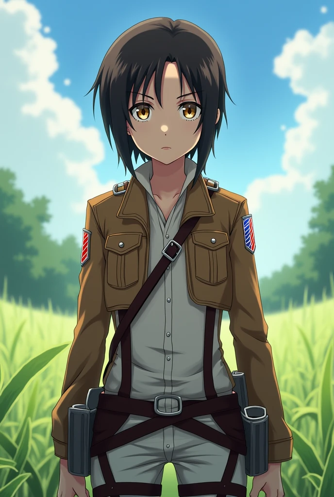 anime style, There is a shadow, full body, full body、3D、Ultra high definition、Vista frontal de full body, front view, from head to toe, Alone, 1 person, young adult, not sexualized, Attack on Titan character, viste Alone la ropa de Tropa de Reclutas, emblem, He has dark brown hair, Yellow eyes, serious gaze 、digital art、The background is a meadow.