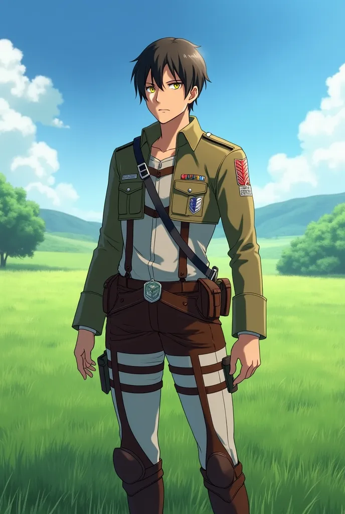 anime style, There is a shadow, full body, full body、3D、Ultra high definition、Vista frontal de full body, front view, from head to toe, Alone, 1 person, young adult, masculine, Attack on Titan character, viste Alone la ropa de Tropa de Reclutas, emblem, He has dark brown hair, Yellow eyes, Serious 、digital art、The background is a meadow.