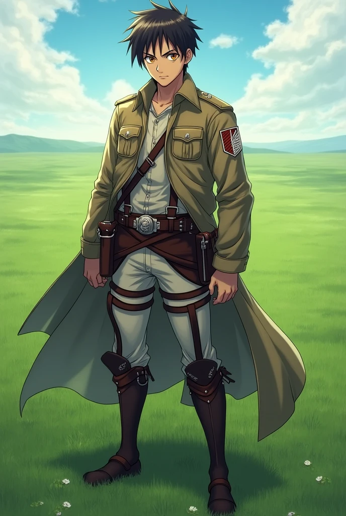 anime style, There is a shadow, full body, full body、3D、Ultra high definition、Vista frontal de full body, front view, from head to toe, Alone, 1 person, young adult, masculine, Attack on Titan character, viste Alone la ropa de Tropa de Reclutas, emblem, He has dark brown hair, Yellow eyes, Serious 、digital art、The background is a meadow.