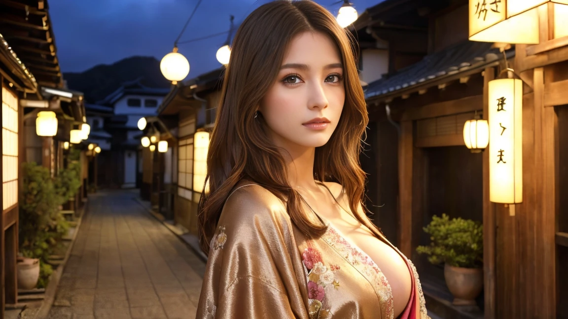 ((masterpiece, Best Quality, High resolution, 8K wallpaper incorporating highly detailed CG,Super detailed、Full body photo)), (Stunning Goddess Shot, Very hot and sexy, Incredible beauty, Perfect Proportions, Beautiful body, The beauty of a glamorous body:1.3)、Japanese、Mature Woman、Beautiful Face、Beauty、Beauty、Cute woman、Alluring、Super big breasts、Cute eyes、Detailed Eyes、Brown eyes、Long eyelashes、Brown Hair、Wearing a kimono、Cosmos flowers are blooming、Walking through old Japanese towns、night、Moonlight