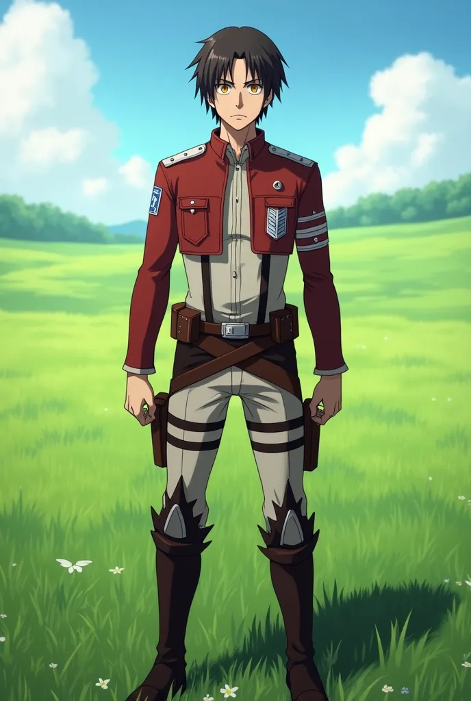 anime style, There is a shadow, full body, full body、3D、Ultra high definition、Vista frontal de full body, front view, from head to toe, Alone, 1 person, young adult, masculine, Attack on Titan character, viste Alone la ropa de Tropa de Reclutas, emblem, He has dark brown hair, Yellow eyes, Serious 、digital art、The background is a meadow.