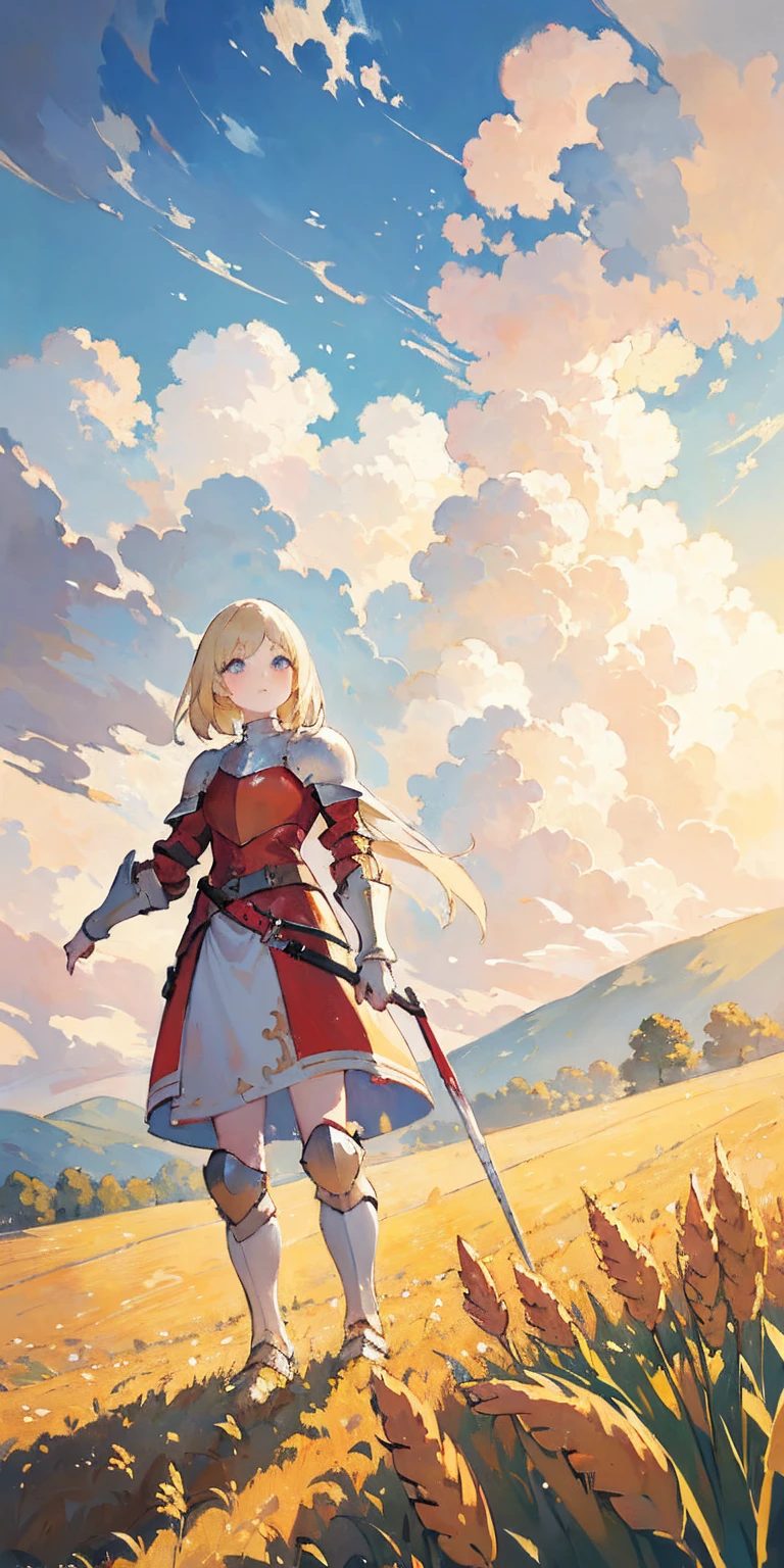 stunning painting of a knight with blonde hair, wheat field, epic clouds ((painterly)) ((impressionist)) vibrant, soft edges (((warm glow))) full body whole body view from below 1sologirl, feet together