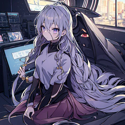 golden eyes、woman using computer with big screen、silber hair、semi-long hair、wearing cool headphones,{{{{{{{{ black parker oversi...