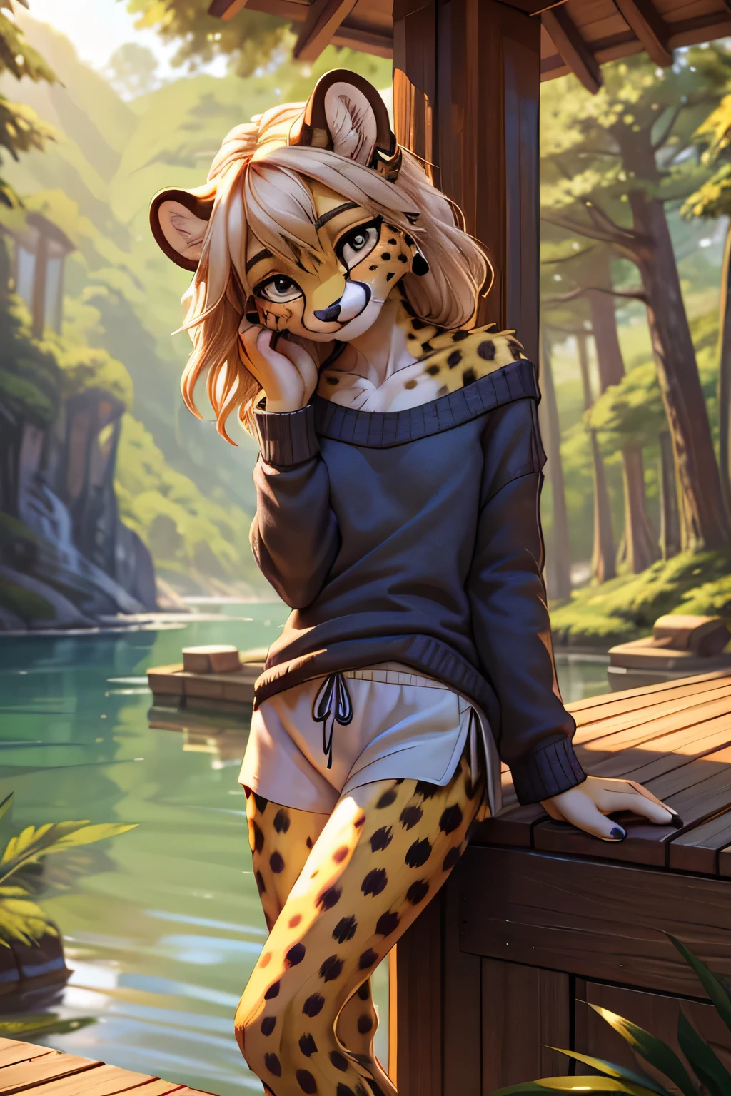 **Prompt:** A beautiful, (masterpiece), high quality, perfect lighting, highly detailed CG Unity 8k wallpaper, high resolution, perfect lighting, youthful, adolescent, tall, slim, skinny, frail slender figure, slim legs, distinctly feminine figure, narrow hips, long legs, close-up shot of a unique female cheetah character. Seductive, ready to breed, sexual tension. She has sleek, golden-yellow fur with distinctive black spots scattered across her body, adding to her natural elegance. Her hair is styled in a loose, messy bun, with a few strands escaping to frame her face. Her eyes are a striking blue, filled with a playful spark. She is dressed in casual, loose clothing: an oversized, off-the-shoulder sweater in a soft, heather grey fabric, paired with comfortable, loose-fitting joggers in a matching color. She wears simple, white sneakers and a few casual accessories, including a woven bracelet and a pair of small, stud earrings. The character is posed in a candid, relaxed moment, sitting on the edge of a wooden pier with her legs dangling over the water. She is leaning back on her hands, her face tilted up to enjoy the warmth of the sun, looking at the viewer with a loving gaze. Detailed glistening eyes. The background is a softly blurred lakeside scene with calm water and distant trees, enhancing the serene and laid-back atmosphere. The lighting highlights the texture of her fur and the softness of her clothing, creating an inviting and tranquil scene that captures a peaceful, everyday moment.