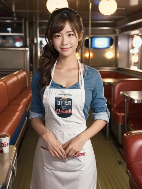 cowboy shot, 
break, 
((1980s pop and casual american diner uniform:1.2)), ((ruffled apron:1.2)), 
break, 
view your viewers, ja...