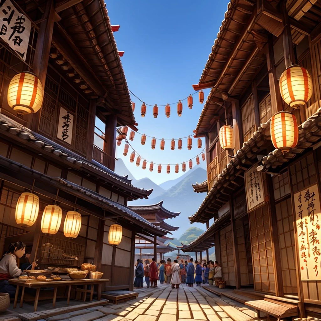 detailed food stall in ancient japanese village, large colorful banner with japanese calligraphy, traditional japanese architecture, lanterns, steam rising from cooking food, mouth-watering delicious food, dynamic crowd of people, warm natural lighting, intricate decorations, vibrant colors, highly detailed, 8k, photorealistic, masterpiece