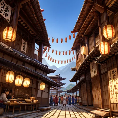 detailed food stall in ancient japanese village, large colorful banner with japanese calligraphy, traditional japanese architect...