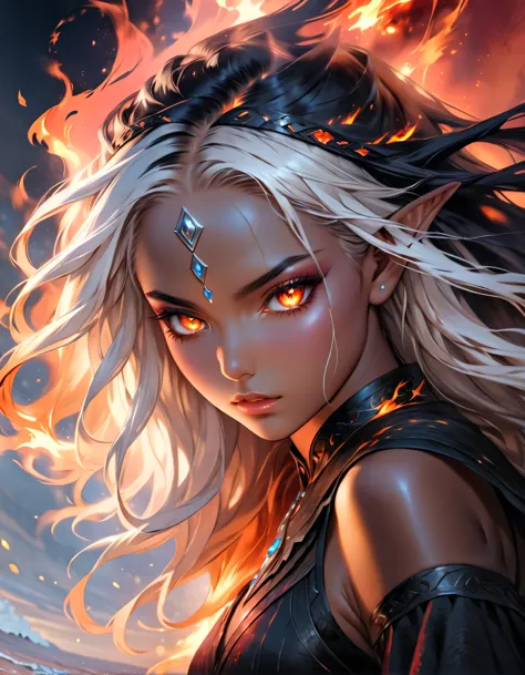 a portrait of a female dark elf, ((black skin: 1.3)), white hair, long hair, wavy hair, flowing hair, sparkling fiery eyes, ther...