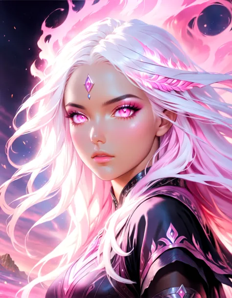 a portrait of a female dark elf, black skin, white hair, long hair, wavy hair, flowing hair, sparkling pink fiery eyes, there ar...