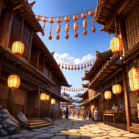 detailed food stall in ancient japanese village, large colorful banner with japanese calligraphy, traditional japanese architect...