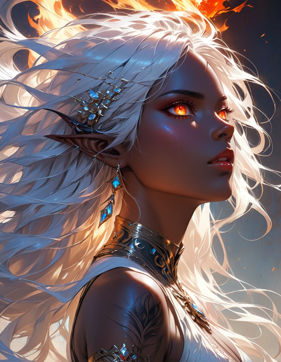 a portrait of a female dark elf, black skin, white hair, long hair, wavy hair, flowing hair, sparkling fiery eyes, there are jewelry in her hair. best quality, 16k, ultra detailed, masterpiece, best quality, (extremely detailed), dynamic angle, ultra wide shot, photorealistic, RAW, fantasy art, dnd art,fantasy art, realistic art