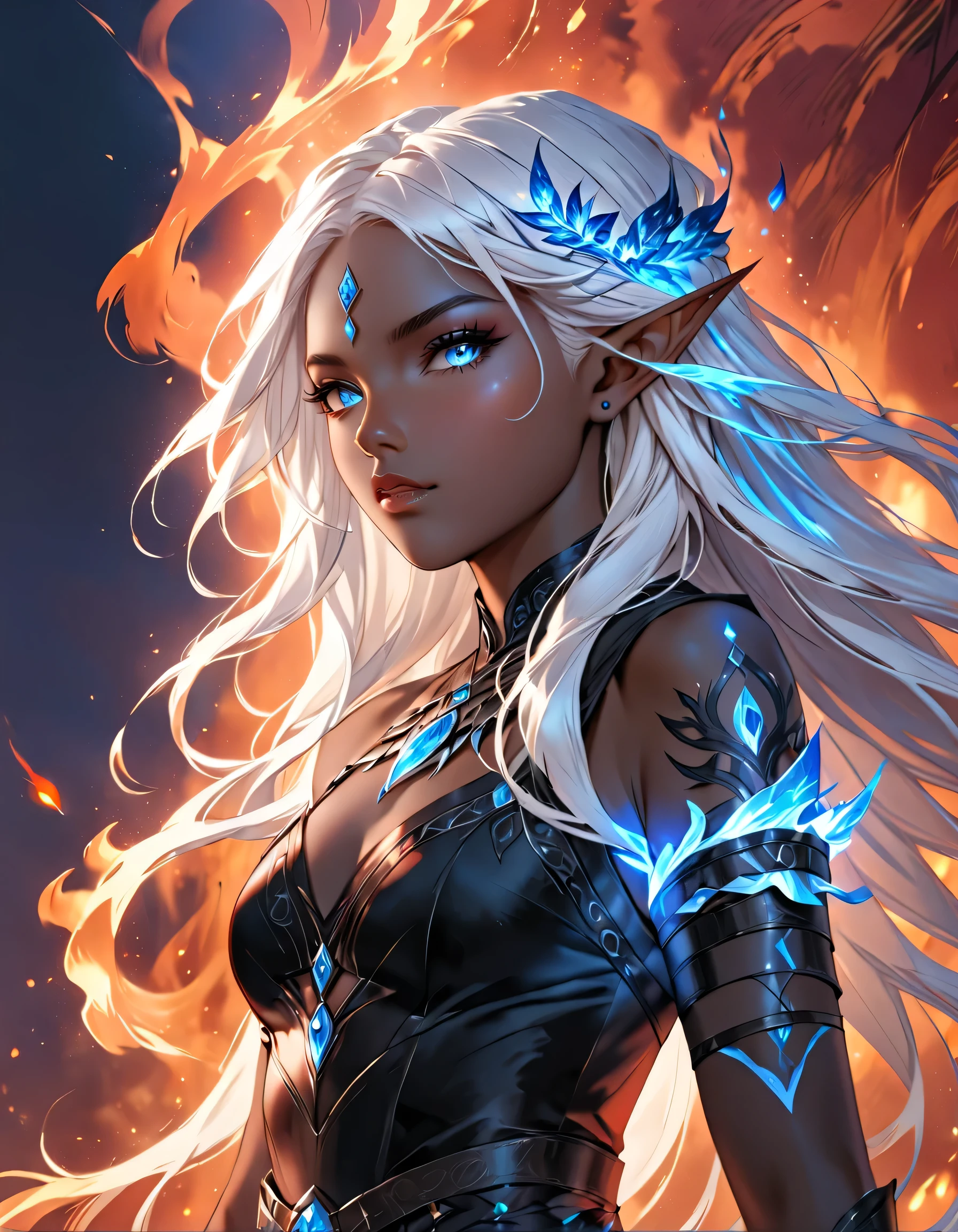 a portrait of a female dark elf, ((black skin: 1.3)), white hair, long hair, wavy hair, flowing hair, sparkling fiery blue eyes, there are jewelry in her hair. best quality, 16k, ultra detailed, masterpiece, best quality, (extremely detailed), dynamic angle, ultra wide shot, photorealistic, RAW, fantasy art, dnd art, fantasy art, realistic art