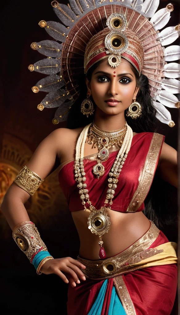 A mechanical Indian dancer,Metal color scheme,Highly detailed face and body,Sparkling eyes and vibrant makeup,ornate jewelry,Smooth and elegant movements,traditional Indian clothing,Gears and clockwork mechanisms are widely used,Ethereal backdrop with hints of Indian architecture,Professional studio lighting(Best quality:1.2),Dramatic shadows and highlights,Elegant and complex dance poses,Contrasting colors and textures,Technology blends with traditional art, (dark melanin tamil girl)