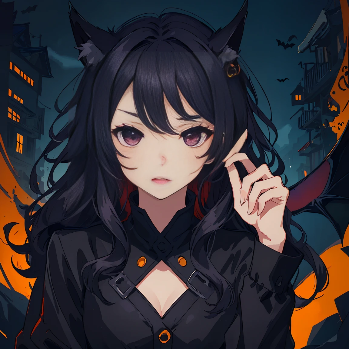 One woman,devil, 黒いdevil, かわいいdevil, Anime illustration, Super detailed, Ultra-sharp images, tooth. Purple wavy long curly hair, Fox Ears,Wearing a rubber costume, Halloween Festival, Jack O&#39;Lantern, Ghost, Happy smile, Cute Smile, Red eyes, White skin, Eating a pumpkin, Chibi Emoji,