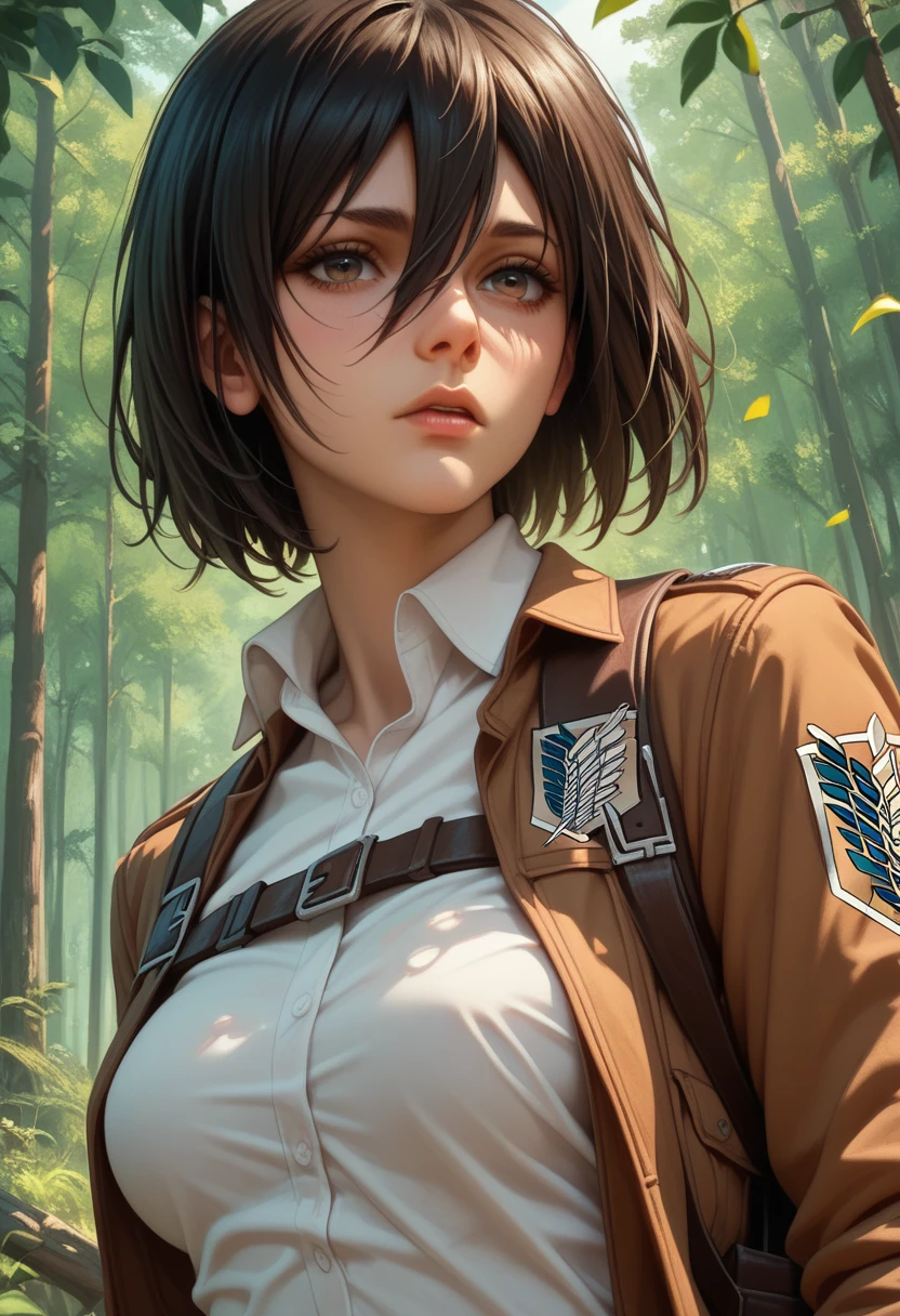 Mikasa Ackerman character in Attack on Titan, forest background 