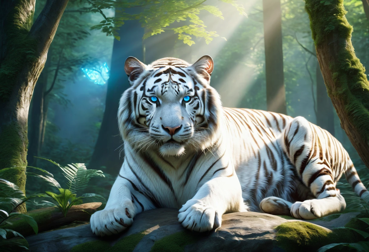 ((masterpiece, highest quality, Highest image quality, High resolution, photorealistic, Raw photo, Extremely detailed CG unified 8k wallpaper)), I came across a huge white tiger in the forest, white fur with tiger stripes, blue glowing eyes, beautiful and majestic light, walking towards me with an angry expression,