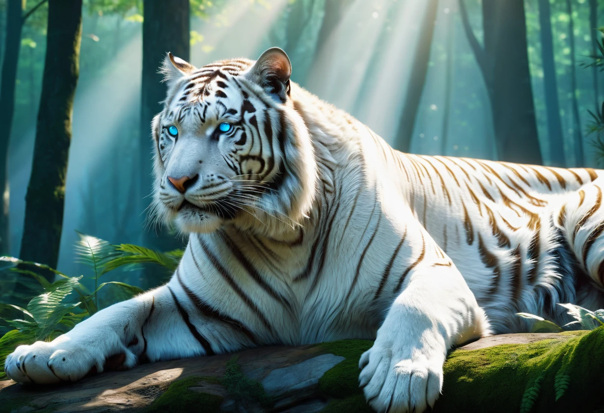 ((masterpiece, highest quality, Highest image quality, High resolution, photorealistic, Raw photo, Extremely detailed CG unified 8k wallpaper)), I came across a huge white tiger in the forest, white fur with tiger stripes, blue glowing eyes, beautiful and majestic light, walking towards me with an angry expression,