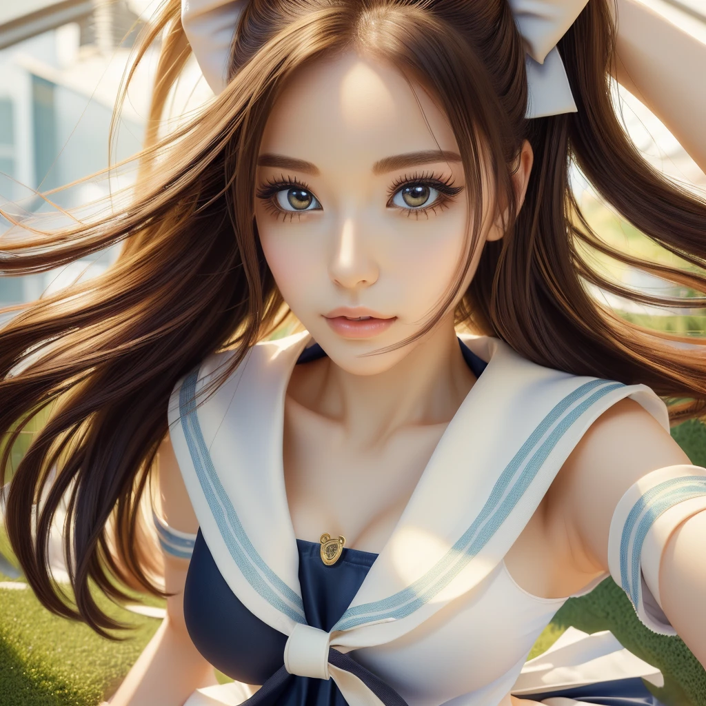 (best quality, masterpiece:1.5), (ultra-detailed, realistic:1.37),4K,cute,beautiful,(girls),(ponytale),(school costume:1.2),(skirt),(big breast),(arms down),make up face,