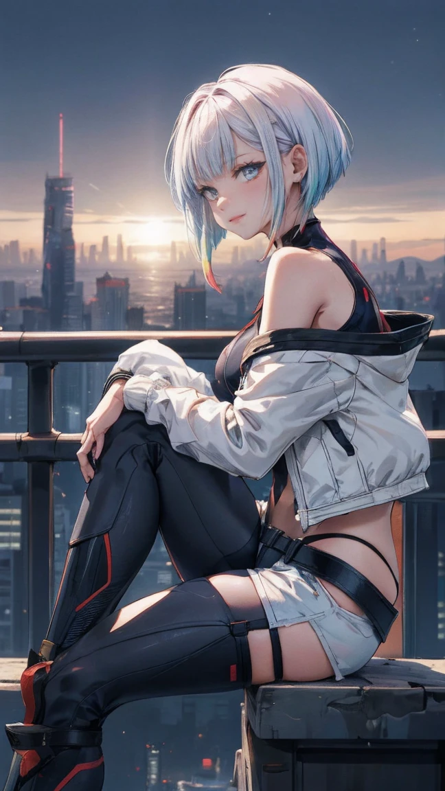 high quality, 1 girl, One, masterpiece, Best quality, High resolution, lu1, , multi-colored hair, draw up, bare shoulders, black swimsuit, high-top tights, (thong:1.1), White jacket, open jacket, belt, shorts, cowboy shot, A planet, moon, Earth (A planet), slight smile, sitting, neon city background, Bent leg, , side view, Looking at the viewer