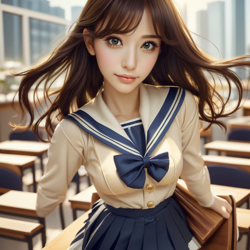 (best quality, masterpiece:1.5), (ultra-detailed, realistic:1.37),4K,cute,beautiful,(girls),(ponytale),(school costume:1.2),(skirt),(big breast),(arms down),make up face,