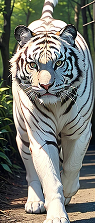 ((masterpiece, highest quality, Highest image quality, High resolution, photorealistic, Raw photo, Extremely detailed CG unified 8k wallpaper)), I came across a huge white tiger in the forest, white fur with tiger stripes, blue glowing eyes, beautiful and majestic light, walking towards me with an angry expression,