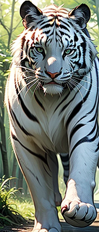 ((masterpiece, highest quality, Highest image quality, High resolution, photorealistic, Raw photo, Extremely detailed CG unified 8k wallpaper)), I came across a huge white tiger in the forest, white fur with tiger stripes, blue glowing eyes, beautiful and majestic light, walking towards me with an angry expression,