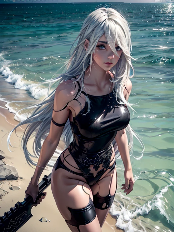 1 girl, A2, Characters from NieR:Automata, YoRHa Type A No. 2, (Cool and beautiful face, extremely detailed eye and face, Shoulder-length straight hair, Nordic White Hair Color, Asymmetrical bangs, Flowing hair between the eyes, Stylish, medium breasts, Wearing is Black swimsuit, Black short pareo, Carrying a large blade sword). Overseas Highway, Florida Keys Tropical Overseas Highway, Highway over the sea, (Clear cyan blue sea, Beautiful sea on the right, Beautiful sea on the left, A straight highway runs through the center, Bright evening, dazzling sunshine), Spectacular Beautiful Landscape, ((masterpiece)), (best quality), extremely detailed, 8k wallpaper, ultra detailed, photorealistic, highly detailed background