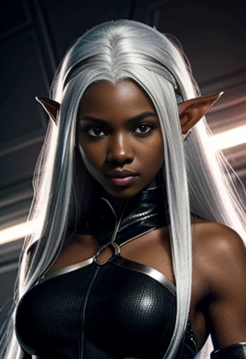 Cute Elf girl, Afro-american fenotipe, long hair nineteen years old, assassin, nice body, black suite, eye focus, bright resolution HD, white hair