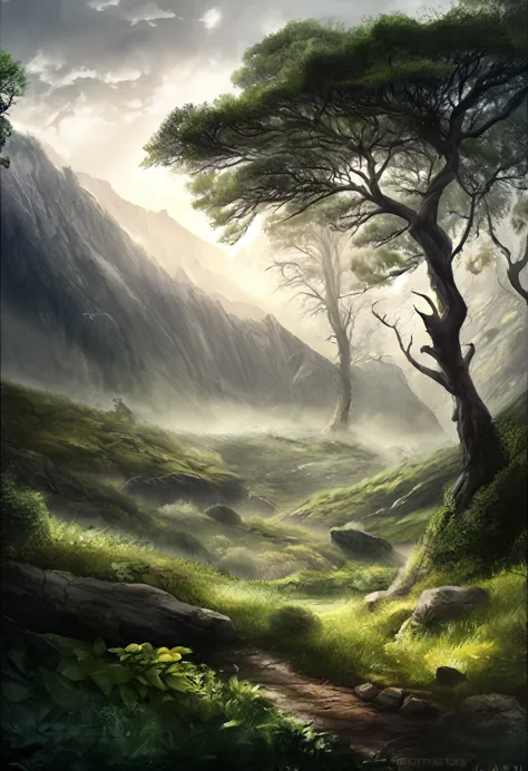 create a desolate landscape of valley and mountains, shrouded in thick fog, with few rays of sun, with twisted trees and thick t...