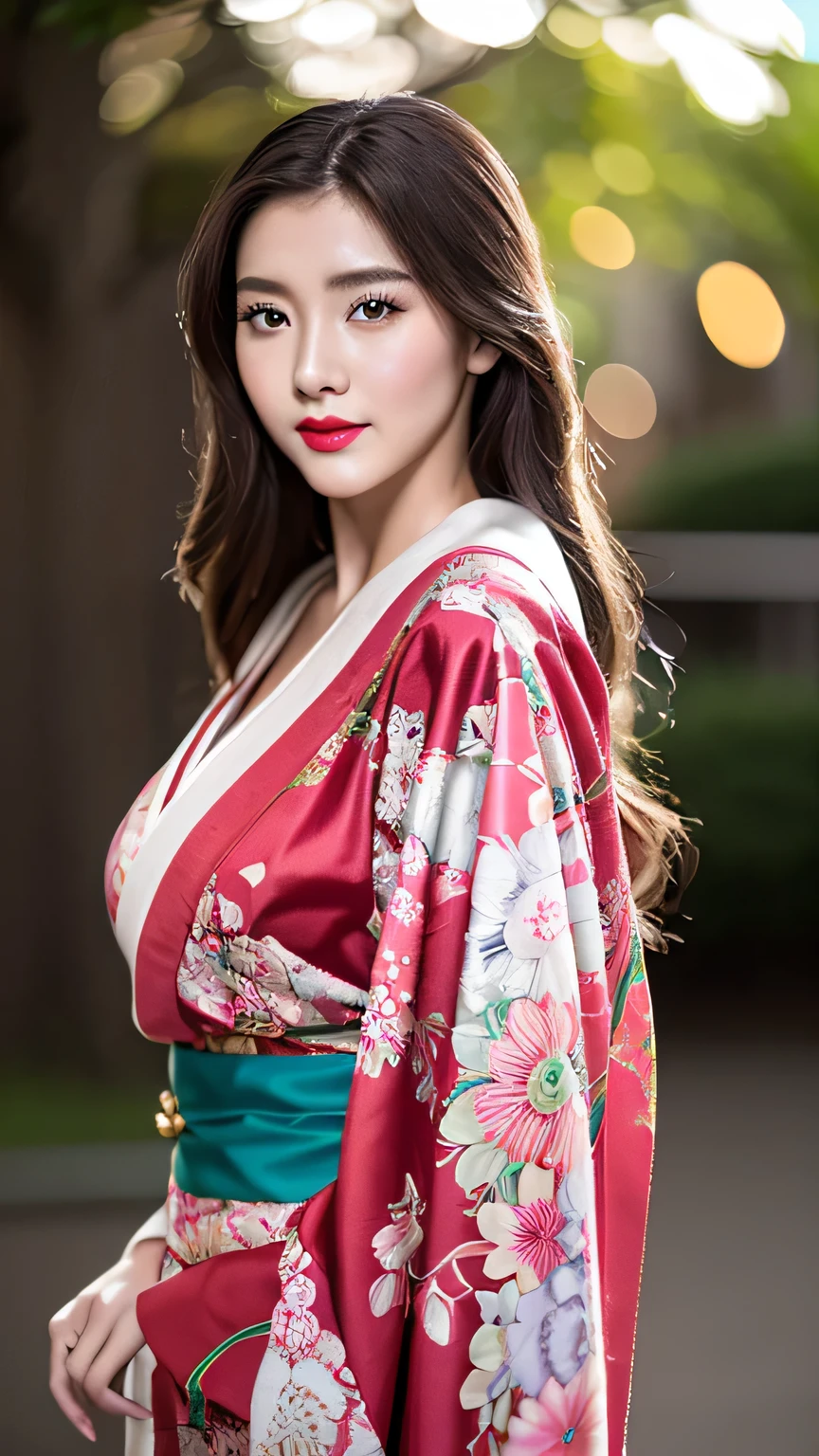 Realistic, Highest quality, 8k, woman, 20-year-old, Sakura pattern kimono, Large Bust, Long Hair, Ultra-detailed skin textures, Soft Lighting, Fairy, Bokeh, Red Lipstick, Sensual Lipstick, Sensational Make up 