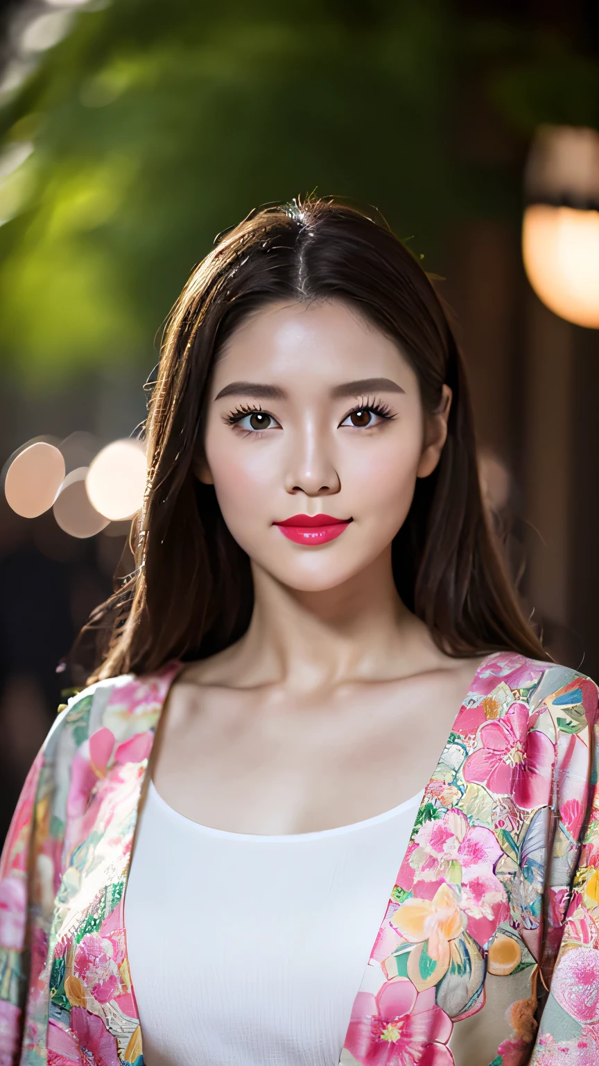 Realistic, Highest quality, 8k, woman, 20-year-old, Sakura pattern kimono, Large Bust, Long Hair, Ultra-detailed skin textures, Soft Lighting, Fairy, Bokeh, Red Lipstick, Sensual Lipstick, Sensational Make up 