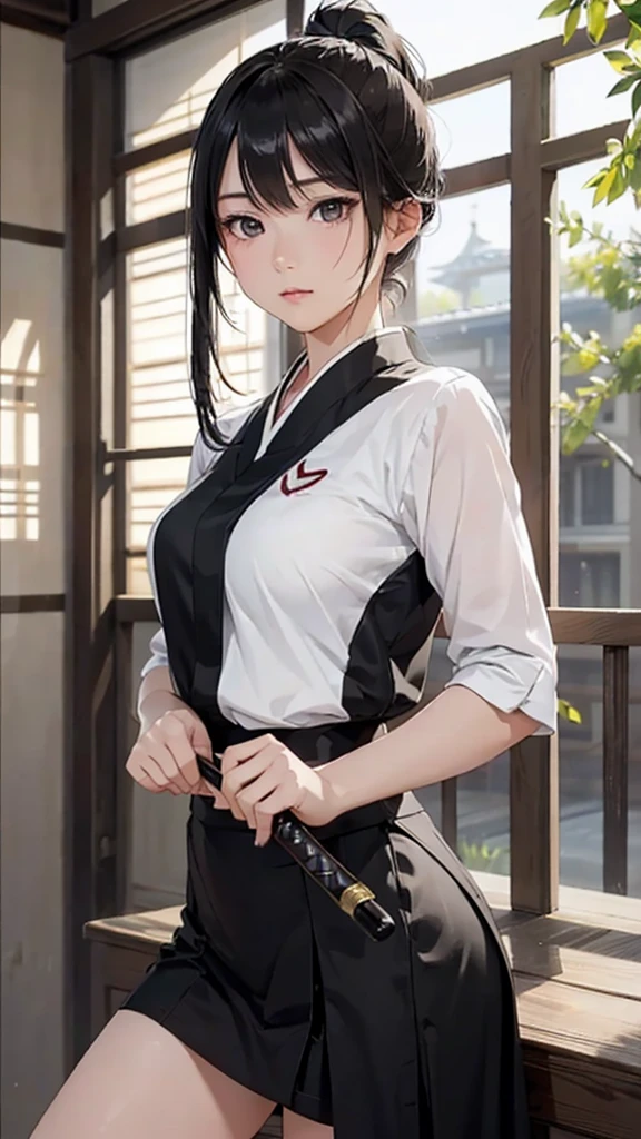 8k resolution,((Best Quality)),Ultra-high resolution,Adult women, Alone, sexy, (Expressionless), (Black eyes), A beautiful, symmetrical face, (Long black ponytail),Martial arts uniform,Japanese style long skirt,Realistic:1.4,Realistic:1.4,(masterpiece:1.2),Perfect Eyes,Perfect Eyes,Perfect thighs,（Open your mouth:1.3),Holding a bamboo sword