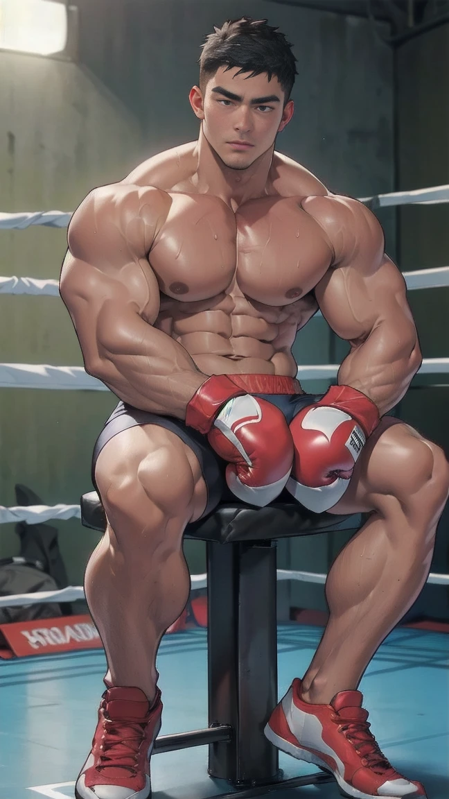 Korean man, Age 30 years, wet skin, muscular, distinct features ,Wearing Spandex tight boxer briefs, a boxing ground, Sitting in the corner stool above the ring, considerable exhaustion, His body changed with sweat, full entire body, realistic photo,8k , high definition , perfect detail , photo,topless,(shirtless),(Bodybuilder),thick, sturdy waist and lower body,(topless),(a large spectator stadium), ((wearing a boxing glove for a match)),12-ounce red boxing gloves,Sit with your legs spread
