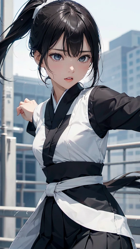 8k resolution,((Best Quality)),Ultra-high resolution,Adult women, Alone, sexy, (Expressionless), (Black eyes), A beautiful, symmetrical face, (Long black ponytail),Martial arts uniform,Japanese style long skirt,Realistic:1.4,Realistic:1.4,(masterpiece:1.2),Perfect Eyes,Perfect Eyes,（Open your mouth:1.3),Fighting pose