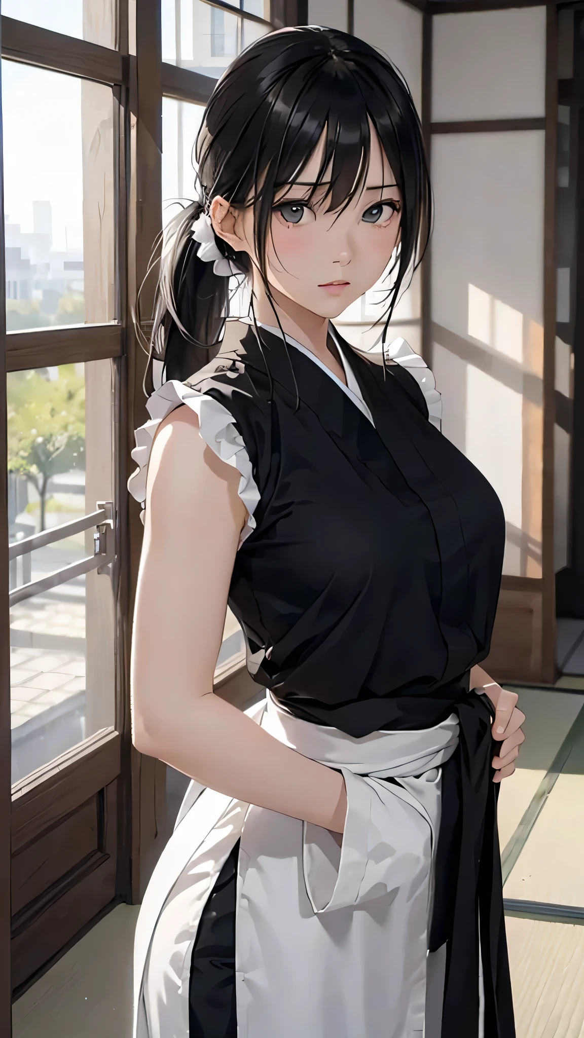 8k resolution,((Best Quality)),Ultra-high resolution,Adult women, Alone, sexy, (Expressionless), (Black eyes), A beautiful, symmetrical face, (Long black ponytail),Martial arts uniform,Japanese style long skirt,Realistic:1.4,Realistic:1.4,(masterpiece:1.2),Perfect Eyes,Perfect Eyes,（Open your mouth:1.3),Fighting pose,Japanese-style room,（sweat:1.4）,Slightly see-through clothing