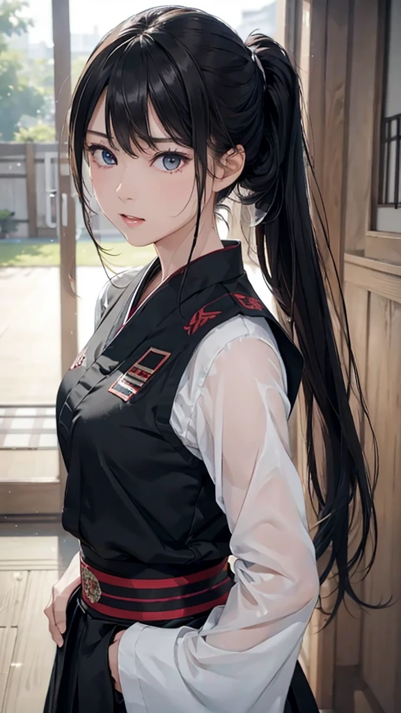 8k resolution,((Best Quality)),Ultra-high resolution,Adult women, Alone, sexy, (Expressionless), (Black eyes), A beautiful, symmetrical face, (Long black ponytail),Martial arts uniform,Japanese style long skirt,Realistic:1.4,Realistic:1.4,(masterpiece:1.2),Perfect Eyes,Perfect Eyes,（Open your mouth:1.3),Fighting pose,Japanese-style room,（sweat:1.4）,Slightly see-through clothing