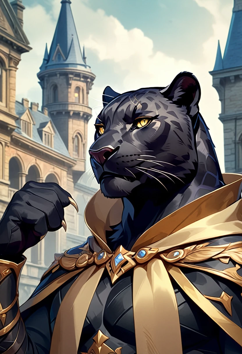 handsome black panther anthropomorphic donning black armor and a cloak, yellow eyes, clawed gauntlets, victorian castle in the background