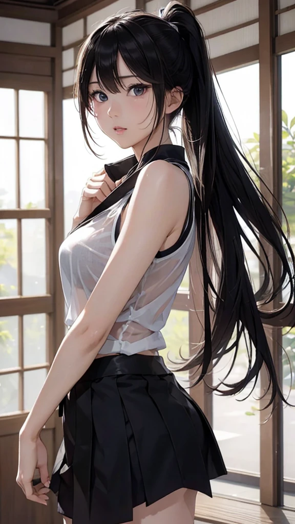 8k resolution,((Best Quality)),Ultra-high resolution,Adult women, Alone, sexy, (Expressionless), (Black eyes), A beautiful, symmetrical face, (Long black ponytail),Sleeveless martial arts uniform,Japanese style short skirt,Realistic:1.4,Realistic:1.4,(masterpiece:1.2),Perfect Eyes,Perfect Eyes,（Open your mouth:1.3),Japanese-style room,（sweat:1.4）,Slightly see-through clothing,Perfect thighs