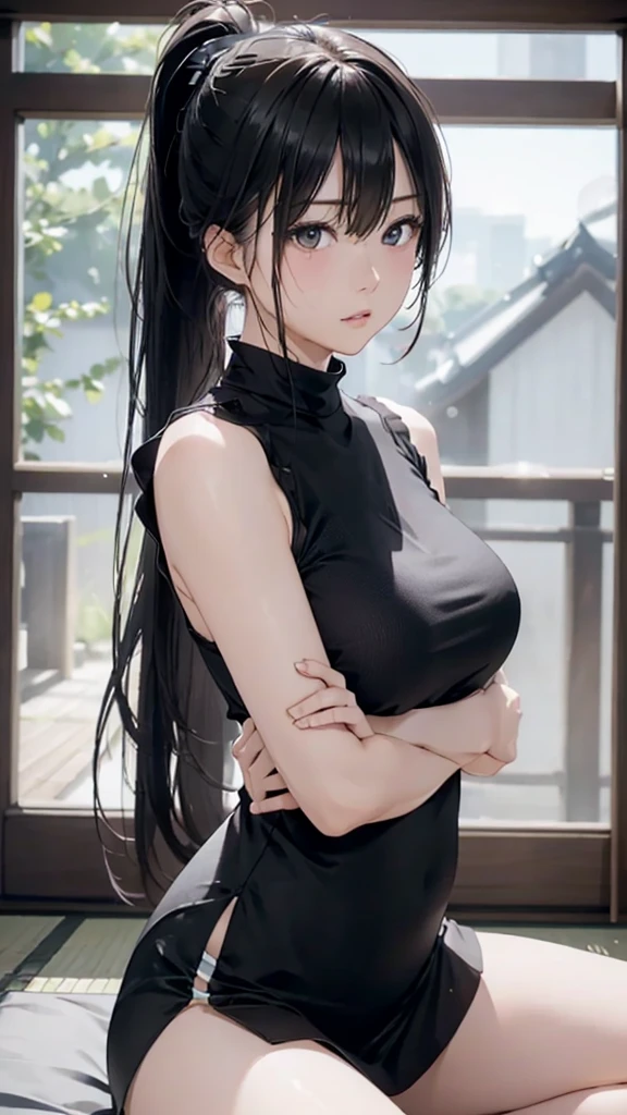 8k resolution,((Best Quality)),Ultra-high resolution,Adult women, Alone, sexy, (Expressionless), (Black eyes), A beautiful, symmetrical face, (Long black ponytail),Sleeveless martial arts uniform,Japanese style short skirt,Realistic:1.4,Realistic:1.4,(masterpiece:1.2),Perfect Eyes,Perfect Eyes,（Open your mouth:1.3),Japanese-style room,（sweat:1.4）,Slightly see-through clothing,Perfect thighs,Curvy body lines