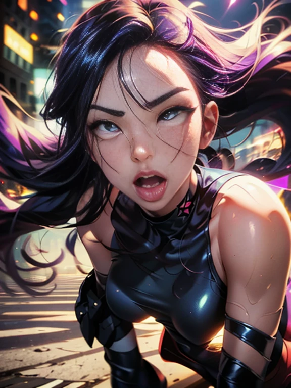 ((SUPERHEROINE PSYLOCKE )) , ((She has long hair)), (She is wearing her uniform), (masterpiece, best quality) 1girl, Alone, (sexy, Pretty woman, Perfect face, perfect eyes), cowboy shot , (PSYLOCKE:1.5), (ahegao:1.5), (rolling eyes:1.5), dynamic pose, superhero battle pose. . ((((action)))), ((movement)), (((motion))), ((dynamic)), background, a city in the night, city lights, blur background.
