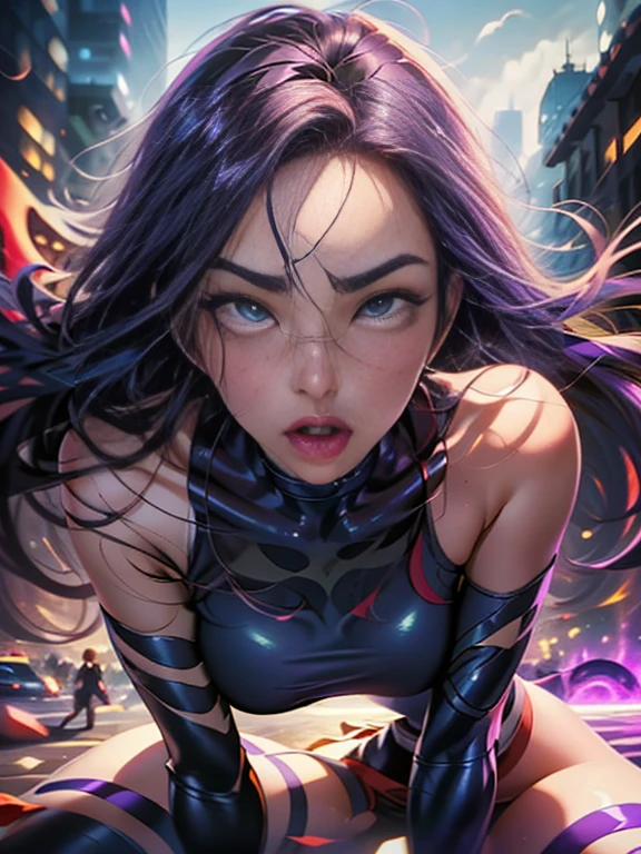 ((SUPERHEROINE PSYLOCKE )) , ((She has long hair)), (She is wearing her uniform), (masterpiece, best quality) 1girl, Alone, (sexy, Pretty woman, Perfect face, perfect eyes), cowboy shot , (PSYLOCKE:1.5), (ahegao:1.5), (rolling eyes:1.5), dynamic pose, superhero battle pose. . ((((action)))), ((movement)), (((motion))), ((dynamic)), background, a city in the night, city lights, blur background.
